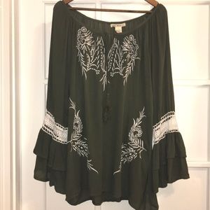 Indigo Thread Army Green BoHo Bell Sleeve Top B11